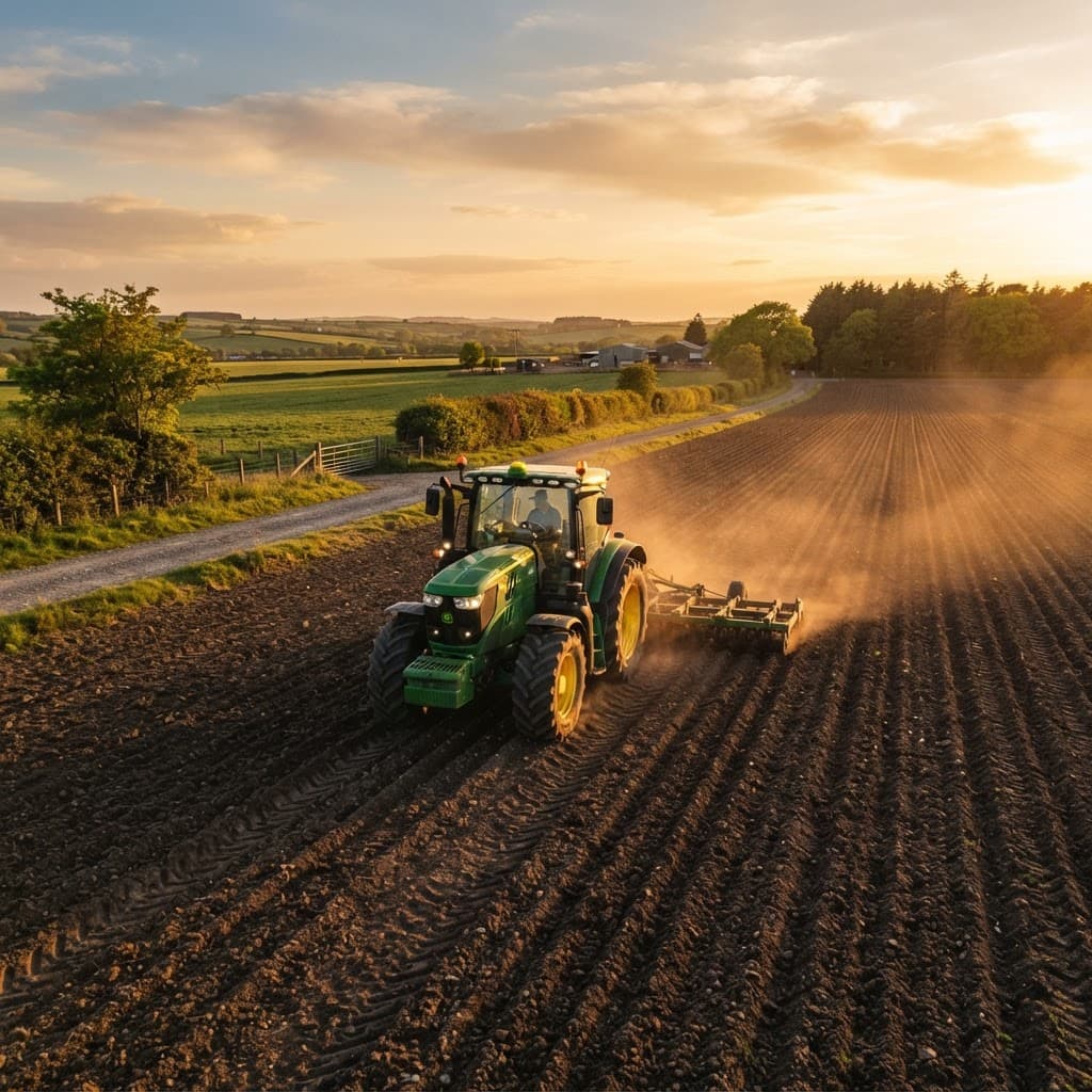 Tractor operating in a field at sunset