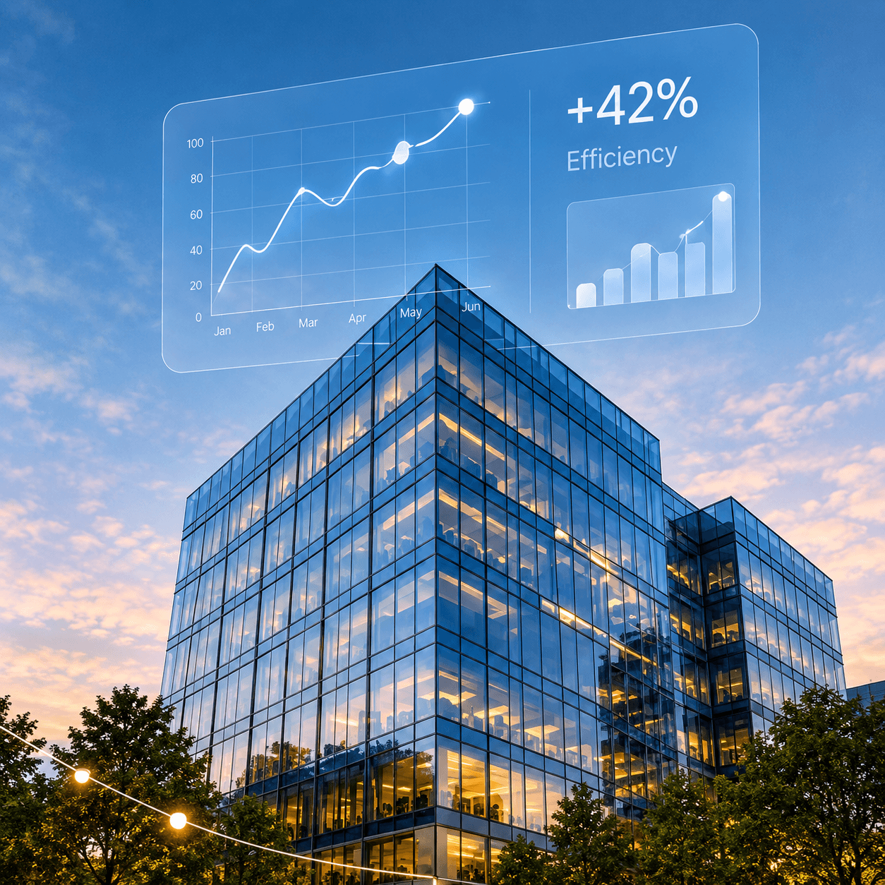 Modern glass office building with growth analytics overlay